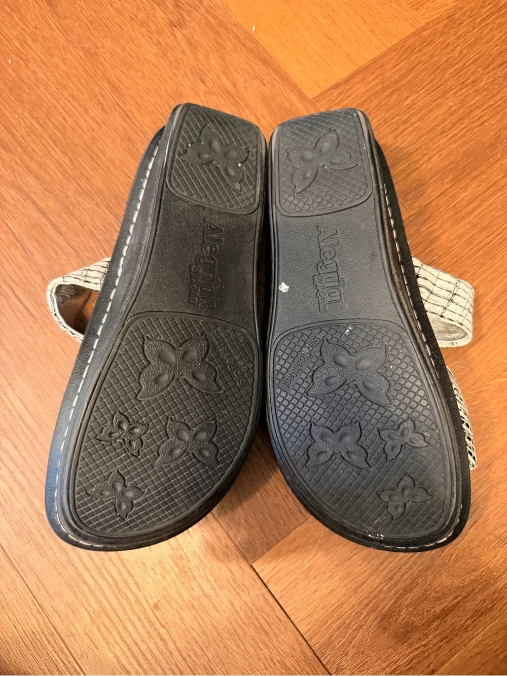 Alegria Size 38 Black White Leather Slide Sandals Adjustable Straps